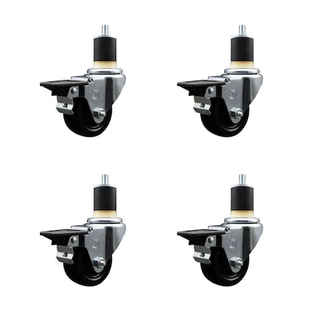 Service Caster 3'' Hard Rubber Swivel 1-7/8'' Expanding Stem Caster Set with Brake, 4PK SCC-EX20S314-HRS-PLB-178-4
